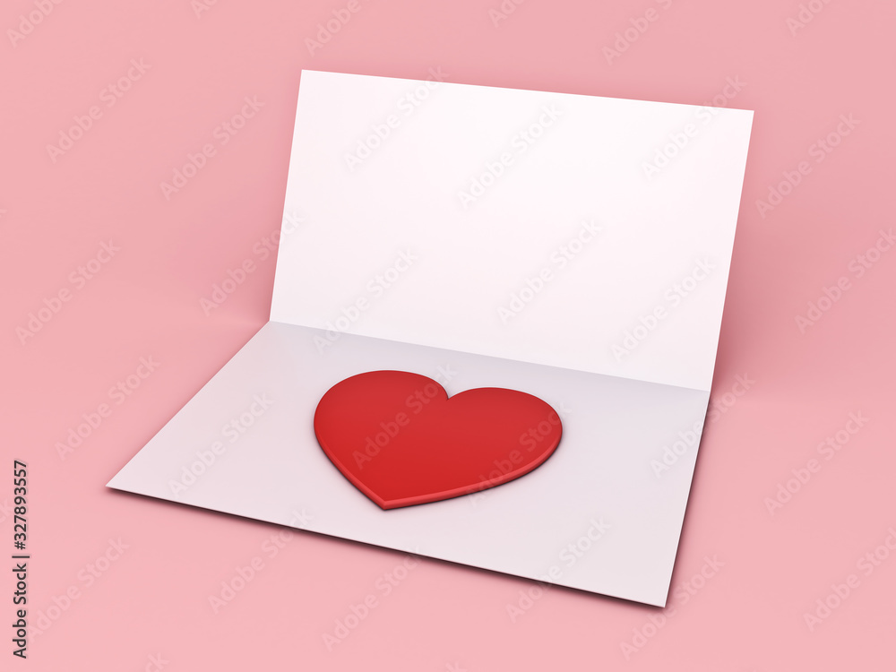 Poster Blank paper card with 3d heart isolated on pink pastel color background with shadow 3D rendering