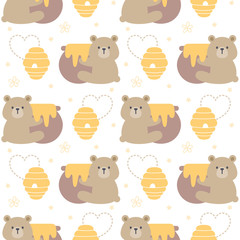 Bear hugging honey jar seamless pattern background