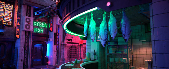 Neon night in a city of a future. Photorealistic 3D illustration. Wallpaper in a cyberpunk style. Empty street with neon lights. Dried fish hanging in a street cafe. Beautiful night cityscape. © Valeriy