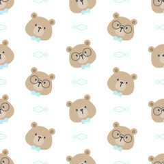Cute bear with glasses and bow tie seamless pattern background