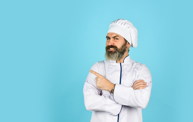 Cook chef in white uniform. Bearded mature man chef. Bearded man restaurant worker. Professional cook. Culinary concept. Restaurant menu copy space. Lunch meal. Restaurant dish. Delicious dessert