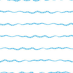Wavy lines seamless vector pattern background. Uneven blue doodle style horizontal stripe with dotted texture. Linear geometric backdrop. Spacious all over print. Summer beach vacation resort concept