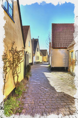 Obraz premium Imitation of a picture. Oil paint. Illustration. Fishing village with houses of the 16th century