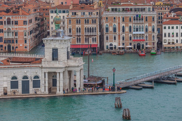 Aerial view of the Punta della Dogana with the boat bridge during the marathon, Venice, Italy