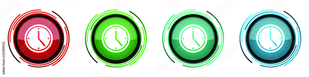 Poster Time round glossy vector icons, set of buttons for webdesign, internet and mobile phone applications in four colors options isolated on white background
