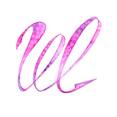 Latin alphabet capital letter W drawn by watercolor. Isolated object on a white background.