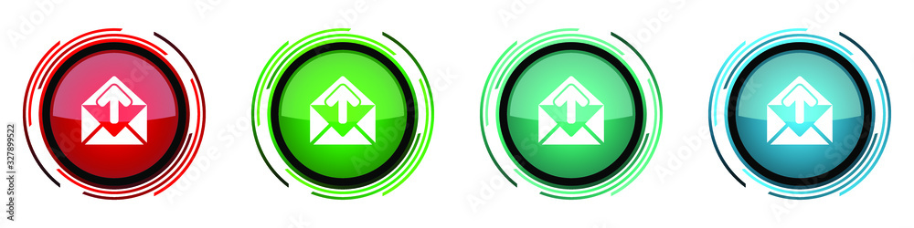Poster Email round glossy vector icons, set of buttons for webdesign, internet and mobile phone applications in four colors options isolated on white background