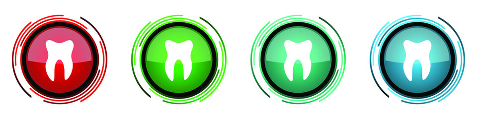 Tooth round glossy vector icons, set of buttons for webdesign, internet and mobile phone applications in four colors options isolated on white background