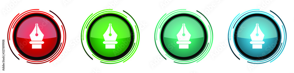 Poster Pen round glossy vector icons, set of buttons for webdesign, internet and mobile phone applications in four colors options isolated on white background