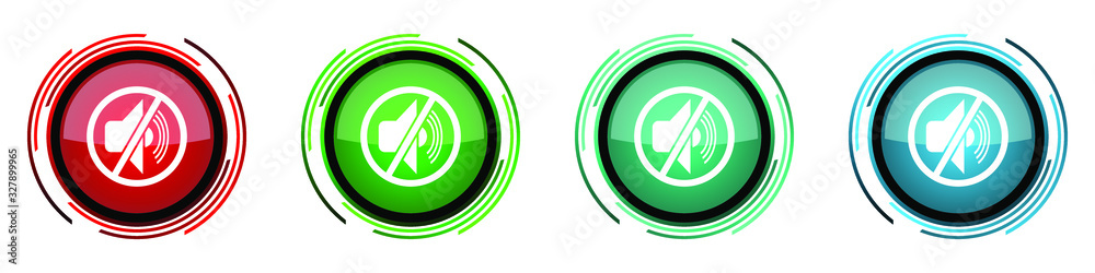Poster Mute round glossy vector icons, set of buttons for webdesign, internet and mobile phone applications in four colors options isolated on white background