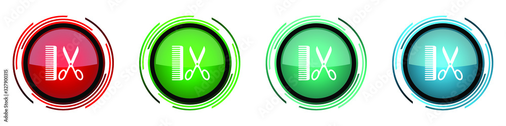 Poster Barber round glossy vector icons, set of buttons for webdesign, internet and mobile phone applications in four colors options isolated on white background