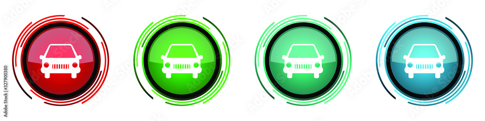 Poster Car round glossy vector icons, set of buttons for webdesign, internet and mobile phone applications in four colors options isolated on white background