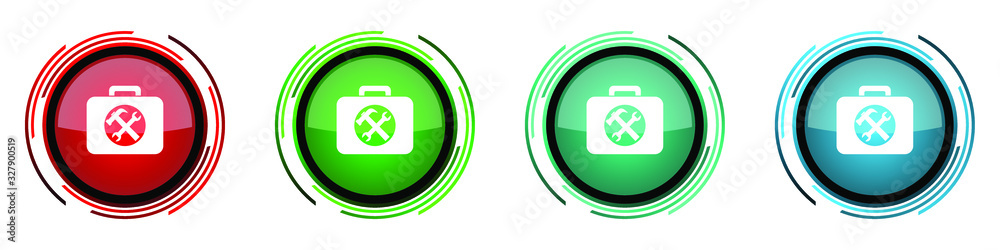 Aufkleber Toolkit round glossy vector icons, set of buttons for webdesign, internet and mobile phone applications in four colors options isolated on white background