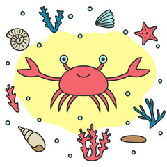 Cartoon crab, shells, corals, starfish, sea plant, stone. Vector illustration.