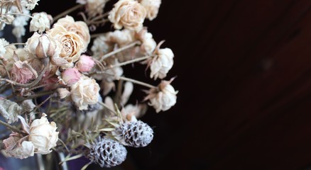 Dried white flowers on a dark background. Natural dried bouquet. The second life of flowers .