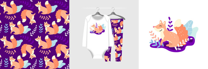 Forestry seamless pattern and illustration for a kid with the fox