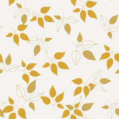 Fototapeta na wymiar Botanical vector illustration of painted small floral template and outline drawing elements. Rustic vintage golden leaves and hand sketched branches seamless pattern on light pastel background.