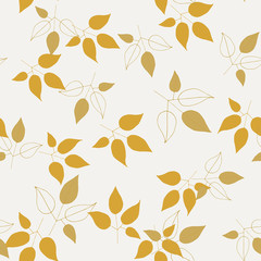 Fototapeta premium Botanical vector illustration of painted small floral template and outline drawing elements. Rustic vintage golden leaves and hand sketched branches seamless pattern on light pastel background.