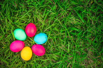 Fototapeta na wymiar Flower of Easter eggs in fresh green grass. Egg hunt. Spring time. Colored eggs on the field. 