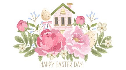 Happy Easter card with handwritten phrase. Easter elements, flowers, branches, eggs. Title.  For textiles, postcards and Wallpaper. Printing on fabric, paper, cards, invitations.
