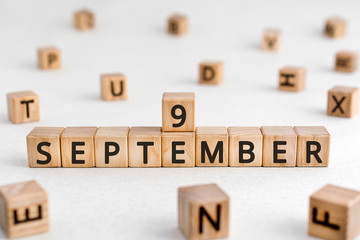 September 9 - from wooden blocks with letters, important date concept, white background random letters around