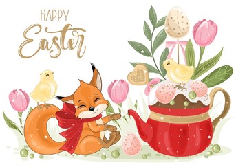 Cute Easter Squirrel with a hand-drawn phrase "Happy Easter". Easter eggs, branches with leaves,  flowers. Calligraphy brush for invitation and greeting card.