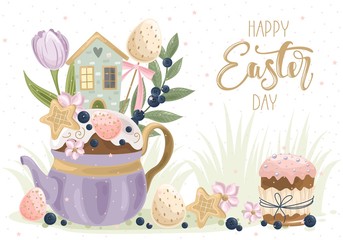 Happy Easter greeting card with flowers, eggs, rabbit, chicken, elements composition.  Printing on fabric, paper, cards, invitations.