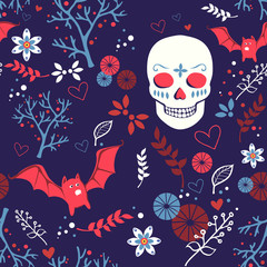 Vector Halloween seamless pattern with skull and bat