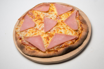 Ham and cheese pizza with white background