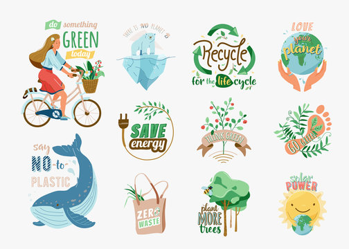 Ecology and recycle quotes set. Save environment vector illustration in flat cartoon style with earth, girl on bike, nature plant, whale, polar bear. Slogan phrase for green eco friendly lifestyle