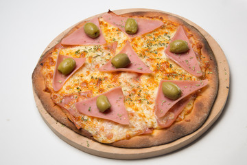 Ham and cheese pizza with green olives with white background