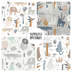 Seamless patterns with cute elephant, wild cat, lion, alligator and tropical plants. Vector texture in childish style great for fabric and textile, wallpapers, backgrounds.