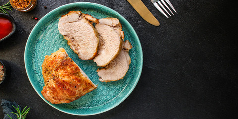 meat bbq grill, pork (tasty and healthy food) menu concept. background. top view. copy space