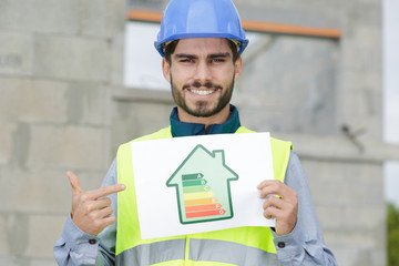 a builder showing energy chart