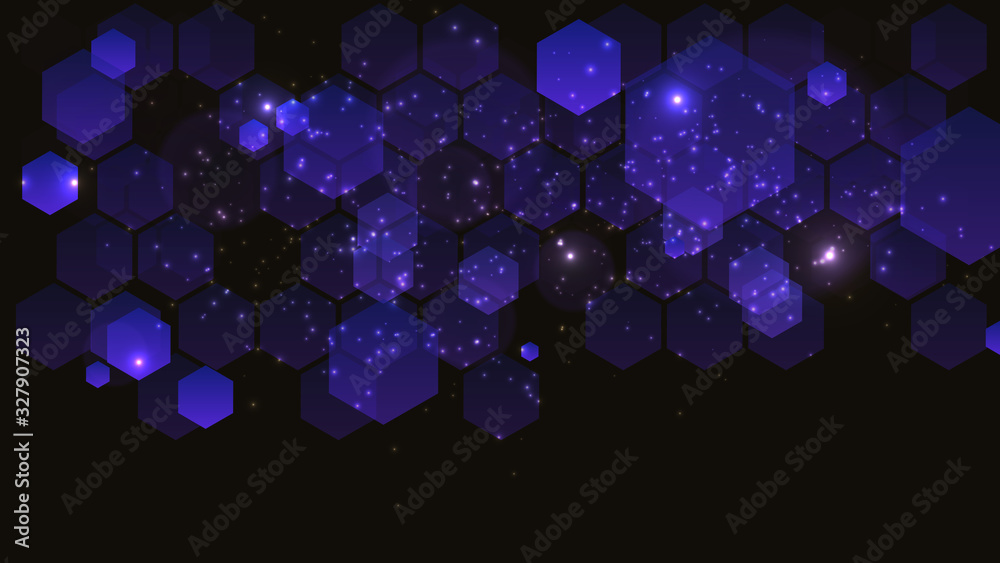 Poster Modern abstract futuristic hexagonal background. Vector illustration design. Abstract bokeh background in dark blue colors. Futuristic technology style. Modern color dark blue hexagonal backdrop.
