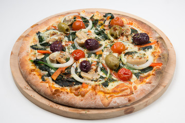 Vegetarian pizza or pizza with onions, mixed olives, mushrooms  and tomato with a white background