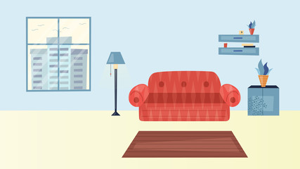Cozy Living Room Interior Concept. Modern Home Interior With Sofa, Carpet, Window With Cityscape View. Modern Minimalistic Scandinavian Style Living Room. Cartoon Flat Style. Vector Illustration
