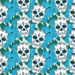Vector seamless pattern with skulls and roses