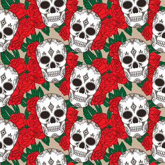 Vector seamless pattern with skulls and roses