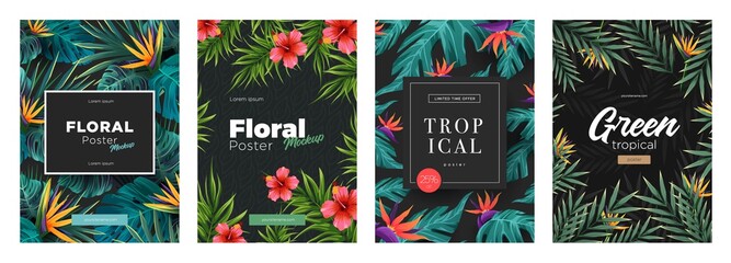 Set of Bright tropical backgrounds with jungle plants. Exotic patterns with tropical leaves - obrazy, fototapety, plakaty