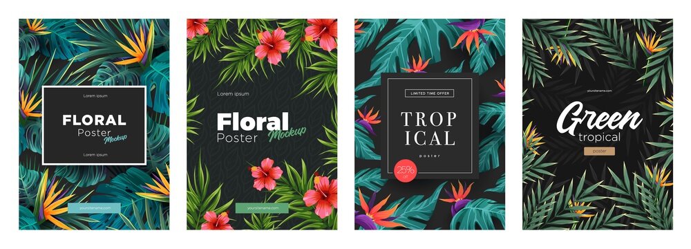 Set of Bright tropical backgrounds with jungle plants. Exotic patterns with tropical leaves