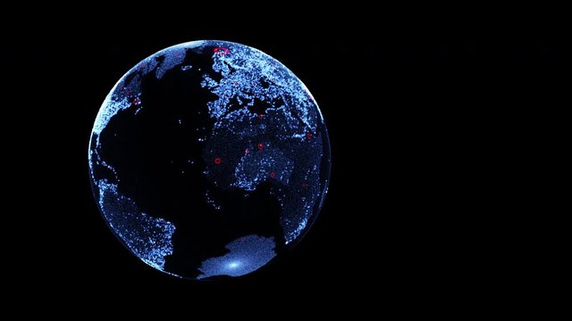 The planet Earth rotates. Red circles show the epicenters. 3D rendering. Consists of particles. 4K.