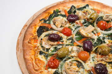 Vegetarian pizza or pizza with onions, mixed olives, mushrooms  and tomato with a white background