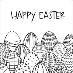 Outline easter eggs hand-drawn illustration isolated on white background. Coloring eggs decorated with different patterns for postcard, coloring page, banner