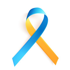 March 21 is the International Day of Man with Down Syndrome. The symbol is a yellow blue ribbon. Blue yellow ribbon over white background. Vector illustration.