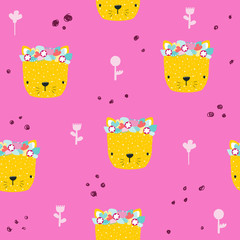 Cute leopard with floral wreath seamless pattern. Childish summer print. Vector hand drawn illustration.