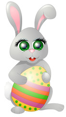 Vector character rabbit. Easter rabbit with egg. Cartoon character with big cute eyes and symbol of easter