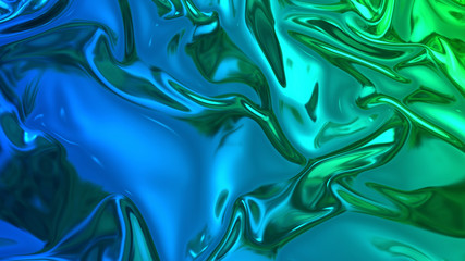 3D render beautiful folds of light shiny silk, like foil or metallic surface in full screen. Beautiful clean fabric background. Simple soft background with smooth folds and blue green color gradient