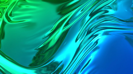 3D render beautiful folds of light shiny silk, like foil or metallic surface in full screen. Beautiful clean fabric background. Simple soft background with smooth folds and blue green color gradient