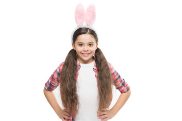Adorable bunny. Small girl child in easter bunny style. Fashion accessory for easter costume party. Cute little girl wearing bunny ears headband. Looking pretty in easter bunny attire. Good vibes